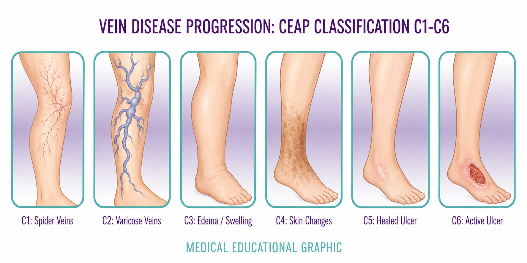 Six visible stages of vein disease, from spider veins to an active venous ulcer