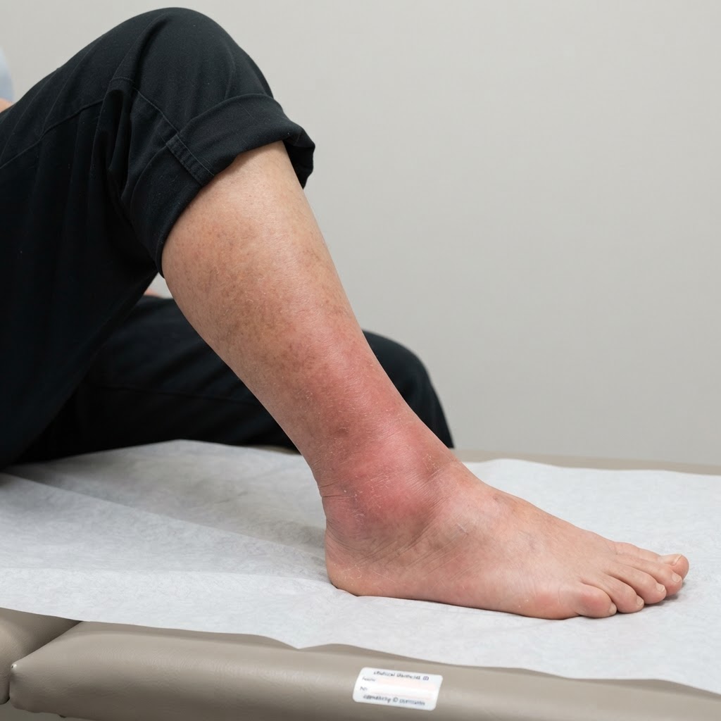 Red, swollen lower leg associated with venous insufficiency, stasis dermatitis, or cellulitis